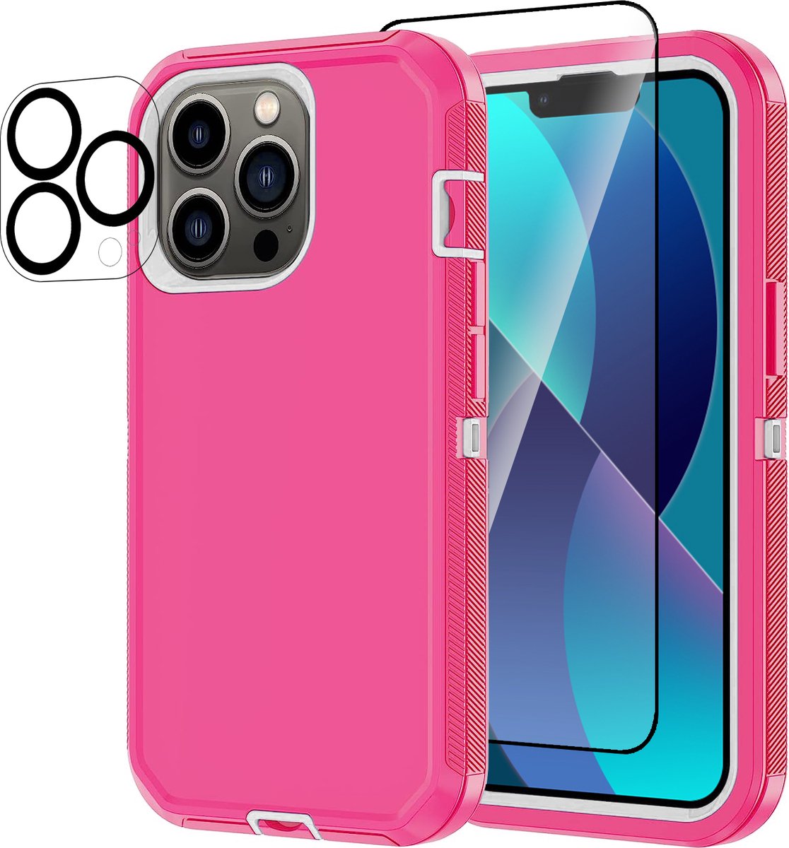 Stravo Heavy Duty iPhone 13 Pro case met Screen Protector en Lens Protector - Roze - Dustproof shockproof telefoonhoes cover bestaande uit 3 lagen inclusief schermbeschermer en lensbeschermer - Geschikt voor Apple iPhone 13 Pro