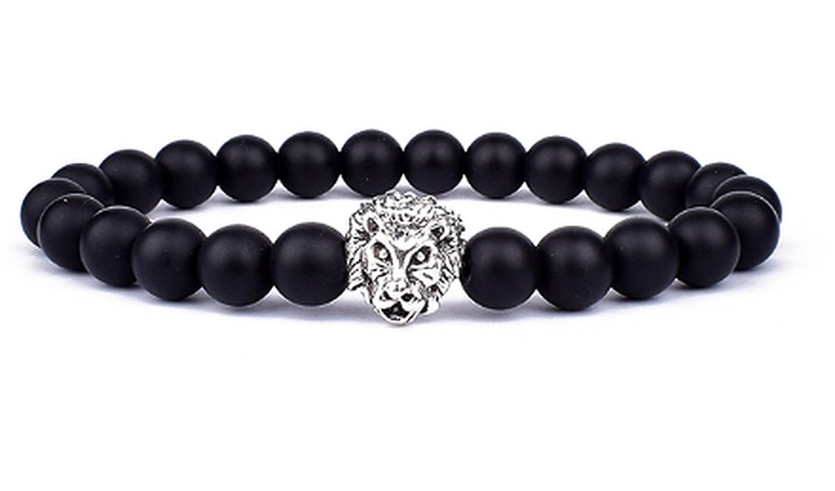TVR-Wares® | Kralen armband Matte zwart leeuw zilver 6mm | zwart | maat M | 19cm