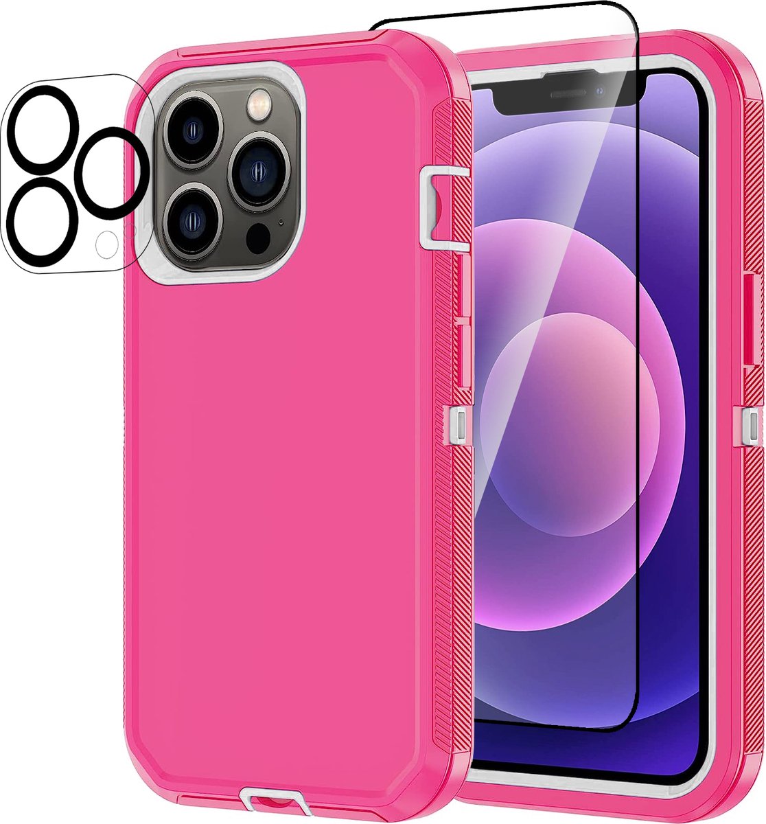 Stravo Heavy Duty iPhone 12 Pro case met Screen Protector en Lens Protector - Roze - Dustproof shockproof telefoonhoes cover bestaande uit 3 lagen inclusief schermbeschermer en lensbeschermer - Geschikt voor Apple iPhone 12 Pro