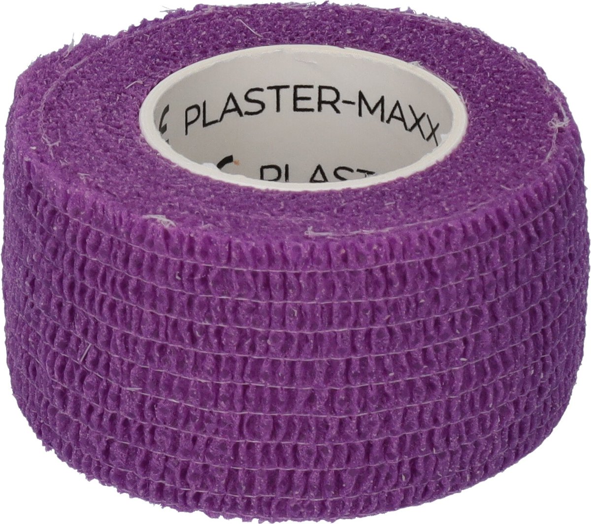 Goedkoopste Plastermaxx de hypoallergene elastische pleister ( paars ) die werkt zonder lijm. Waterbestendig, rekbaar, anti allergisch, latex vrij, absorbeert bloed, afscheurbaar ( geen schaar nodig ) lengte 450cm x breedte 2,8cm, handig voor thuis of op reis