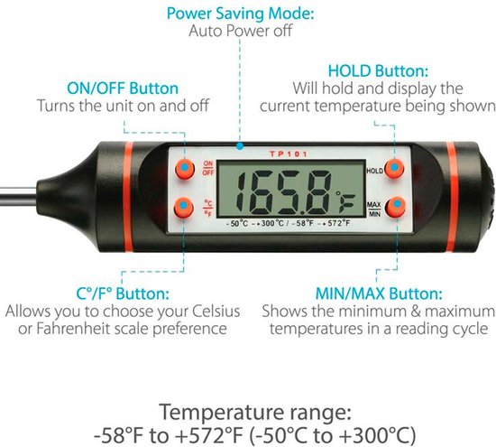digitale vleesthermometer 300 graden - kernthermometer - bbq thermometer - bbq accesoires - suikerthermometer - thermometer koken - oventhermometer - draadloos - Merkloos