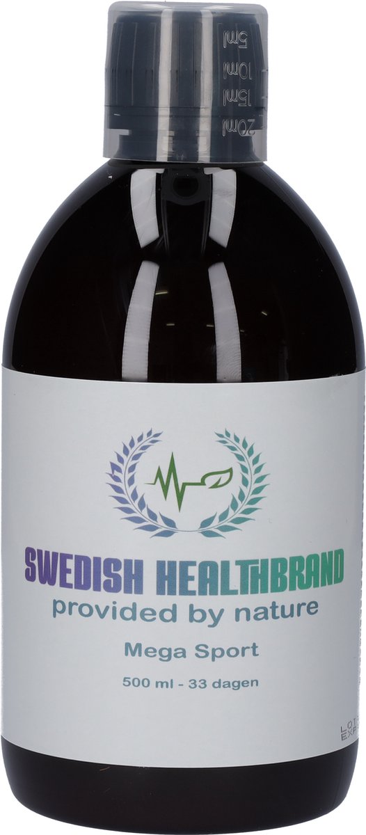 Swedish Healthbrand Mega Sport vloeibare vitamine ( NON-GMO ) voor 33 dagen inclusief maatbeker voor inname met 142 actieve ingredienten, 69 verschillende mineralen, Amino zuren, Super Greens - 500ml inhoud dagelijkse inname 15ml