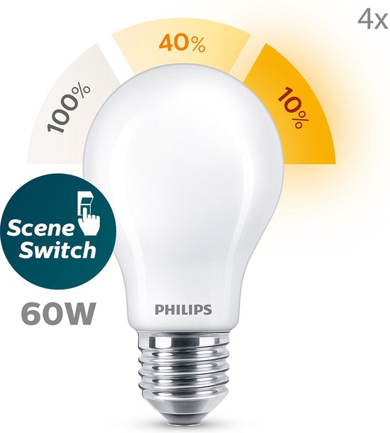 Lampe LED Philips SceneSwitch - Dépolie - 60 W - E27 - Dimmable - Lumière Warmwit - 4 pièces