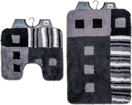 Wicotex - Badmat set met Toiletmat - WC mat met uitsparing modern Zwart Grijs Wit - Antislip onderkant