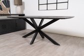 Floor tafel met gecurved Mango houten blad van 180 x 90 cm met facetrand aan onderzijde. Bladkleur zwart gezandstraald. Onderstel is een spinpoot in de kleur zwart.
