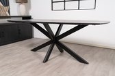 Floor tafel met gecurved Mango houten blad van 180 x 90 cm met facetrand aan onderzijde. Bladkleur zwart glad afgewerkt. Onderstel is een spinpoot in de kleur zwart.