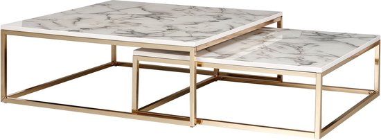 Rootz Salontafel - Set van 2 Wit Marmeren Optica Design - Goudkleurig metalen frame - Moderne bijzettafels voor een elegante woonkamer