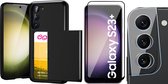 Hoesje met Pasjeshouder geschikt voor Samsung Galaxy S23 Plus - Screenprotector FullGuard & Camera Lens Screen Protector - Back Cover SlideCase Zwart