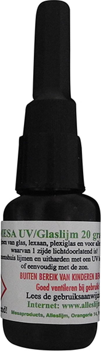 Mesa Glaslijm dik 20 gram, een dikkere glaslijm die opvult tot ongeveer 1,5 mm. Uitharding gebeurt met UV licht, lees de gebruiksaanwijzing voor alle info.