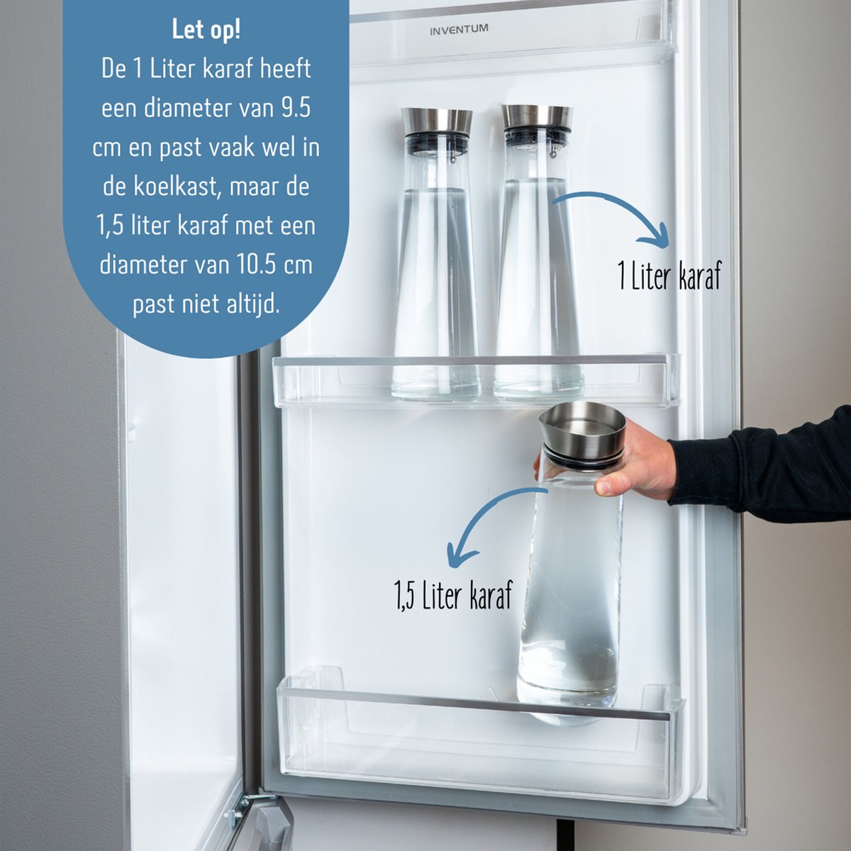 Krumble Karaf van glas - 1000ml - 1 liter - 33 x 9,5 cm (dxh) - Glazen waterfles - Waterkan met deksel - RVS - Tafel water — cadeau in Koken & Dineren - foto 3