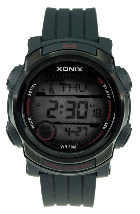 Xonix GTR-004 - Horloge - Mannen - Rond - Digitaal - Radiogestuurde tijdaanduiding - Siliconen band - ABS - Cijfers - Achtergrondverlichting - Alarm - Start-Stop - 12/24 - Tweede tijdzone - Datumaanduiding - Kalender - Waterdicht - 10ATM - Zwart