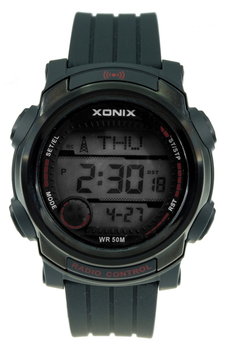 Xonix GTR-004 - Horloge - Mannen - Rond - Digitaal - Radiogestuurde tijdaanduiding - Siliconen band - ABS - Cijfers - Achtergrondverlichting - Alarm - Start-Stop - 12-24 - Tweede tijdzone - Datumaanduiding - Kalender - Waterdicht - 10ATM - Zwart