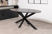 Floor tafel met ovale Mango houten blad van 180 x 90 cm met facetrand aan onderzijde. Bladkleur zwart glad afgewerkt. Onderstel is een spinpoot in de kleur zwart.