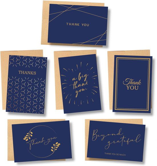 Partizzle Set de 36 cartes de remerciement avec Enveloppes - Cartes de remerciement - Cartes postales - Set de cartes - 15 x 10 cm - Bleu marine et or
