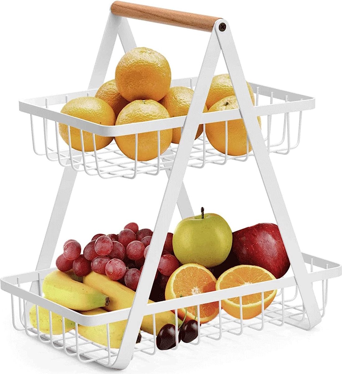 Fruitmand met 2 verdiepingen, 30 cm, fruithouder voor fruit, broodmand, groentenrek, fruitkom, groenteframe, fruitgroenten, brood, snacks mand (wit, vierkant)