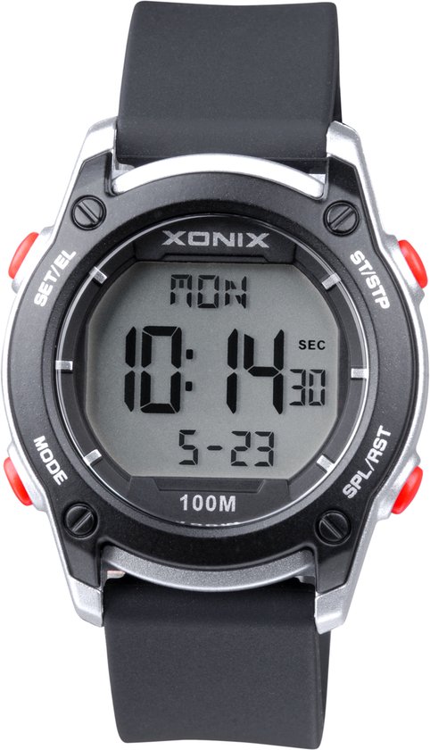 Xonix BAZ-007 - Horloge - Digitaal - Kinderen - Unisex - Rond - Siliconen band - ABS - Cijfers - Achtergrondverlichting - Alarm - Start-Stop - Tweede tijdzone - Datumaanduiding - Waterdicht - 10 ATM - Zwart - Zilverkleurig - Rood