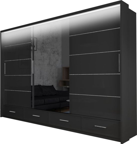 Original-Garderobe - Kast met laden Cylia LED 253 - zwart + spiegel - spiegelkast met schuifdeuren