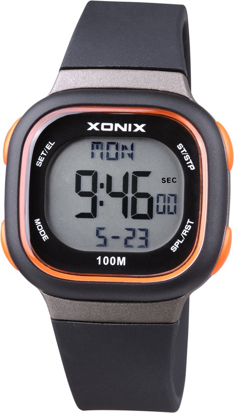 Xonix BAX-007 - Montre - Digitale - Rectangle - Unisexe - Bracelet Siliconen - ABS - Chiffres - Rétroéclairage - Alarme - Start-Stop - Chronographe - Second Fuseau Horaire - Etanche - 10 ATM - Zwart - Grijs - Oranje