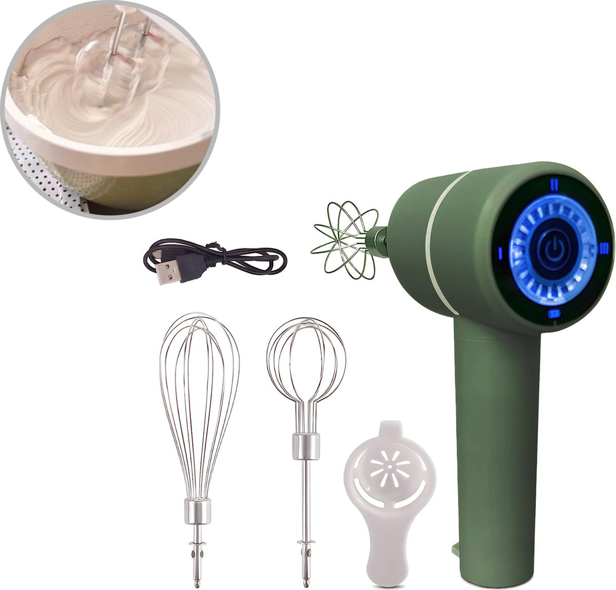 Handmixer Elektrisch - Ei klopper - Melkklopper - Taart - opschuimer - Met Accessoires - Staafmixer - Handmixer - Keukenmixer - Mixer - Mixer Handmixer - Elektrische Mixer - Mini Garde - Draadloze Mixer - Oplaadbaar - 3 Snelheden Groen -