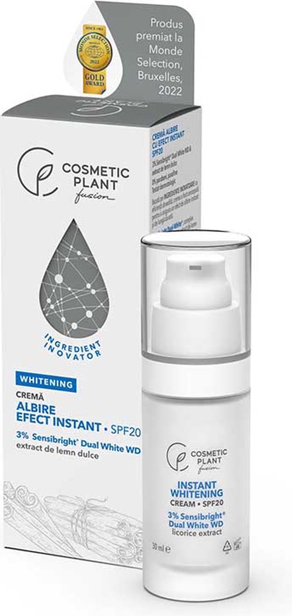 Cosmetic Plant Whitening cream with instant effect · SPF20 with 3% Sensibright® Dual White WD & Licorice Extract 30 ml GOLD AWARD gold medal World Quality Selections 2022, organized by Monde Selection in Brussels
