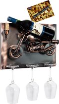 BRUBAKER Wijnfleshouder motorfiets - Wall Art afbeelding metaal - met 3 glazen houders - inclusief wenskaart voor wijn cadeau