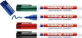 edding 400 Marqueur permanent - noir, rouge, bleu, vert - 4 stylos - pointe ronde fine 1 mm - sèche vite, résiste à l'eau et aux frottements - pour carton, plastique, bois, métal, verre