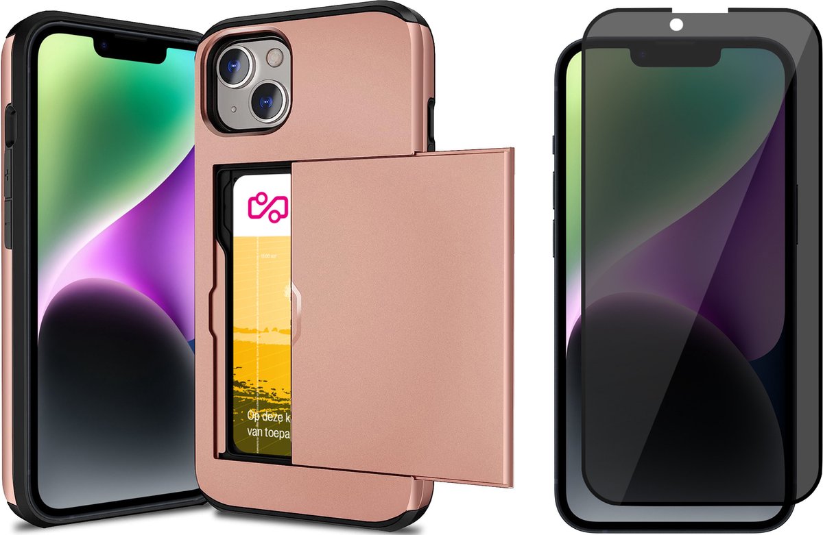 Hoesje met Pasjeshouder geschikt voor iPhone 14 - Privacy Screen Protector FullGuard - Back Cover SlideCase Roségoud & Screenprotector