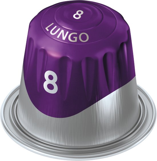 Douwe Egberts Lungo Intens 8 koffiecup. Paarse en zilverkleurige capsule met het cijfer 8 en 'Lungo'.