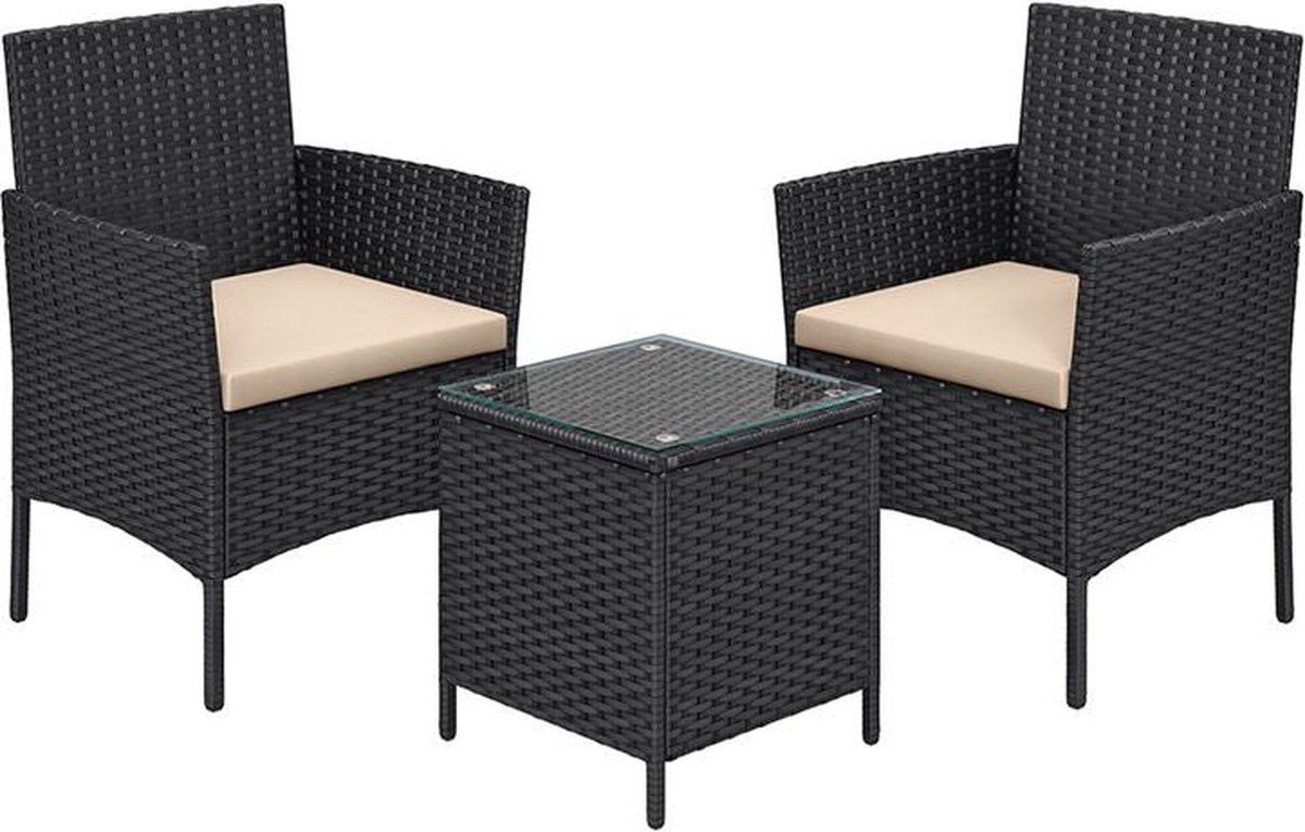 Tuinmeubelset - Tuinmeubelset - Rieten Meubelset - 2x Tuinstoelen - 1x Tuintafel - Zwart-Taupe
