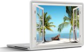Laptop sticker - 15.6 inch - Doorkijk - Strand - Palmboom - Boot - Tropisch - Zee - Blauw - 36x27,5cm - Laptopstickers - Laptop skin - Cover