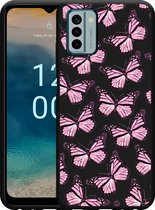 Cazy Hoesje Zwart geschikt voor Nokia G22 Roze Vlinders