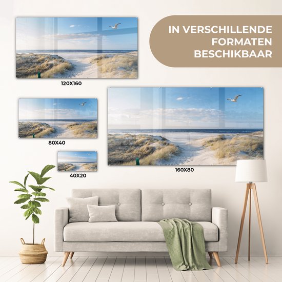 Peinture sur verre - Feuille acrylique - Mouette - Mer - Dunes - Décoration murale - 40x20 cm - Décoration d'intérieur - Peinture sur verre mer - Photo sur verre - Verre acrylique - Décoration murale