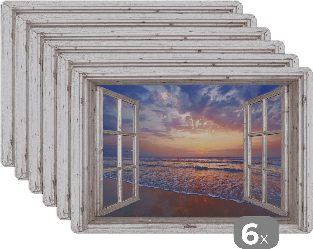 Placemat - Placemats kunststof - Doorkijk - Zee - Strand - Zonsondergang - Blauw - 45x30 cm - 6 stuks - Hittebestendig - Anti-Slip - Onderlegger - Afneembaar