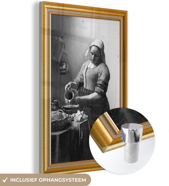 MuchoWow® Glasschilderij 40x60 cm - Schilderij acrylglas - Melkmeisje - Vermeer - Lijst - Goud - Foto op glas - Schilderijen