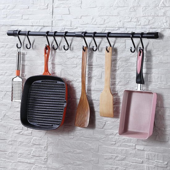 Toplife Hakenleiste Küche 80 cm, zwarte hanglijst met 14 haken, staaf voor keukengerei