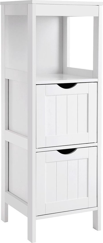 Witte staande badkamerkast met twee lades en een open bovenste plank, op een witte achtergrond.
