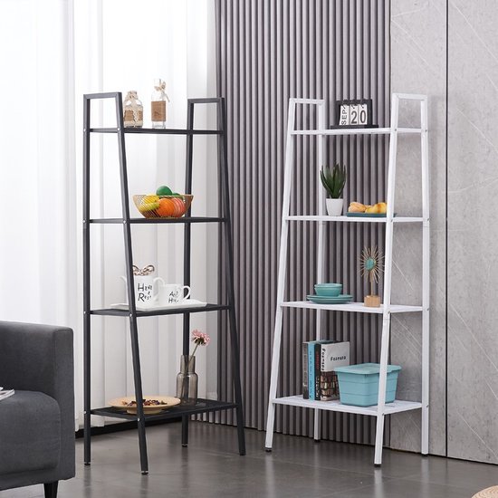 Stevige Ladder Plank Unit Industriële Ladder Plank ESituro Heavy Duty 4-tier Opbergplanken Ladder Boekenplank Industriële 4-lags Opbergplank Zwart En Eiken Boekenkast Zwart