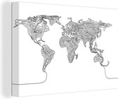 Canvas Wereldkaart - 60x40 - Wanddecoratie Wereldkaart - Zwart - Wit - Lijn