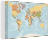 Canvas Wereldkaart - 120x80 - Wanddecoratie Wereldkaart - Kleuren - Atlas