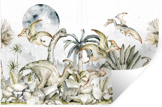 Muursticker kinderkamer - Kinder decoratie - Dinosaurus - Kinderen - Jungle - Groen - Dieren - Natuur - Muursticker - Decoratie voor kinderkamers - 30x20 cm - Zelfklevend behangpapier - Stickerfolie