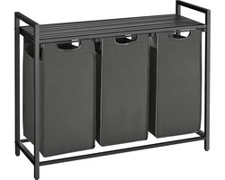 Wasmand Met 3 Vakken, Uittrekbaar Wassorteerder, Afneembaar Waszak, 3 X 38L, 92,5 X 33 X 72 Cm, Zwart-Grijs