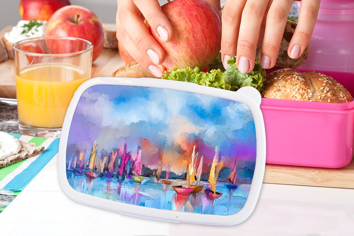Broodtrommel Roze - Lunchbox - Brooddoos - Schilderij - Boten - Water - 18x12x6 cm - Kinderen - Meisje
