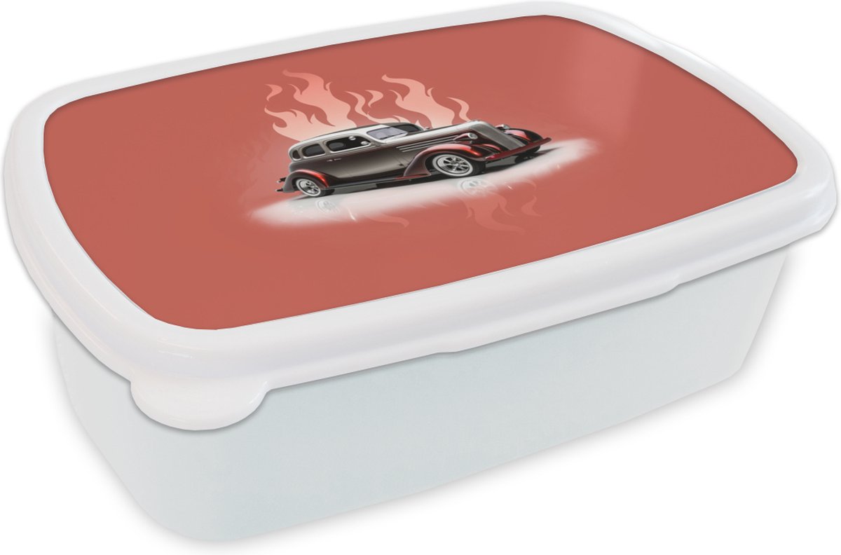 Broodtrommel Wit - Lunchbox - Brooddoos - Auto - Roze - Vintage - Vlammen - 18x12x6 cm - Volwassenen