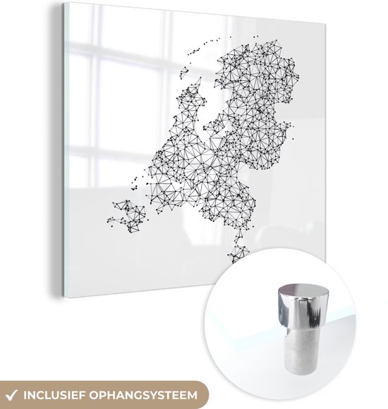 MuchoWow® Glasschilderij 20x20 cm - Schilderij acrylglas - Zwart-wit illustratie van Nederland - Foto op glas - Schilderijen
