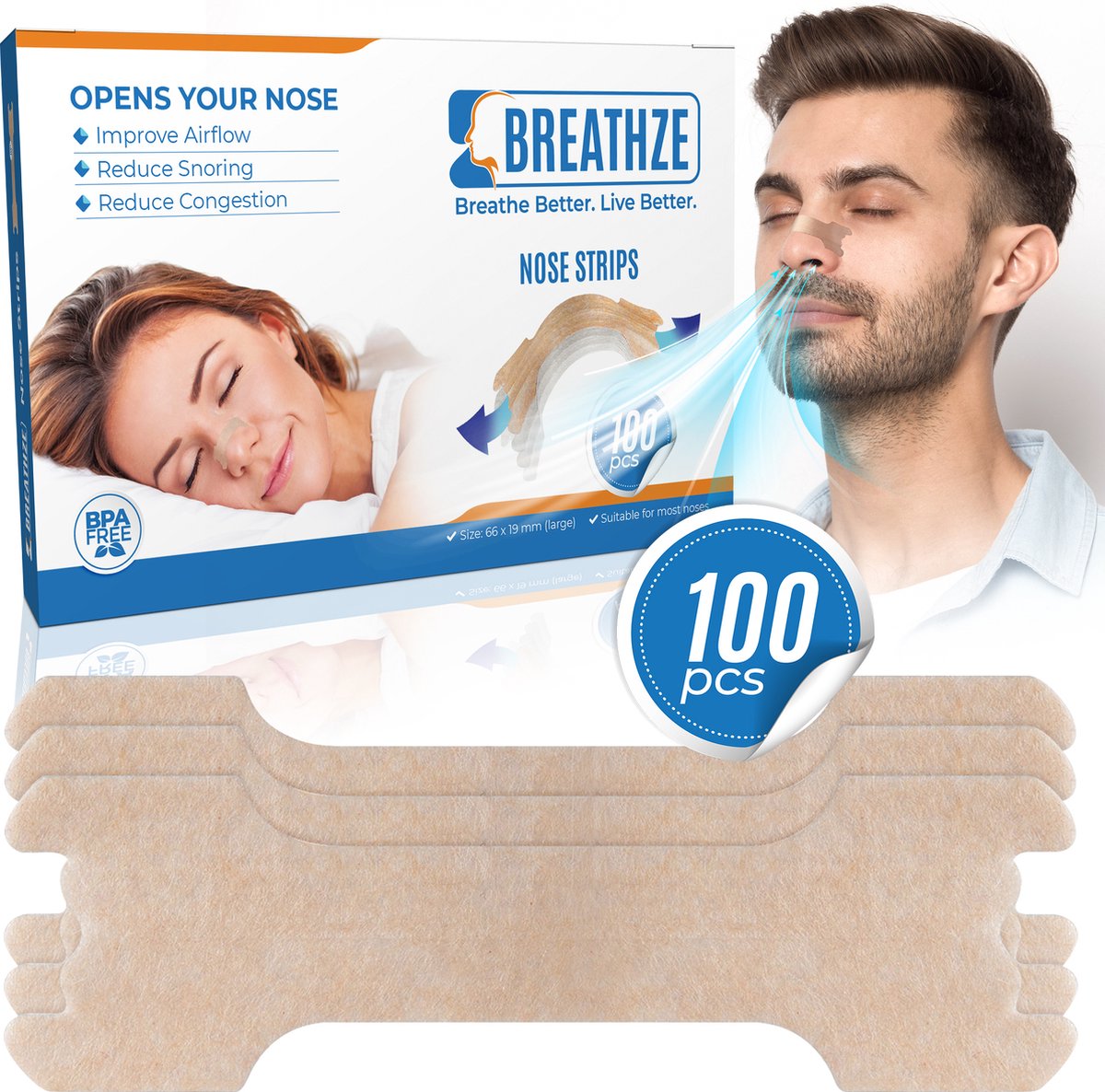 Anti Snurk Pleisters – Neusstrips – Snurken – Neusspreider – Beter Slapen Producten – Nachtrust Neuspleisters – 100 Stuks - Breathze