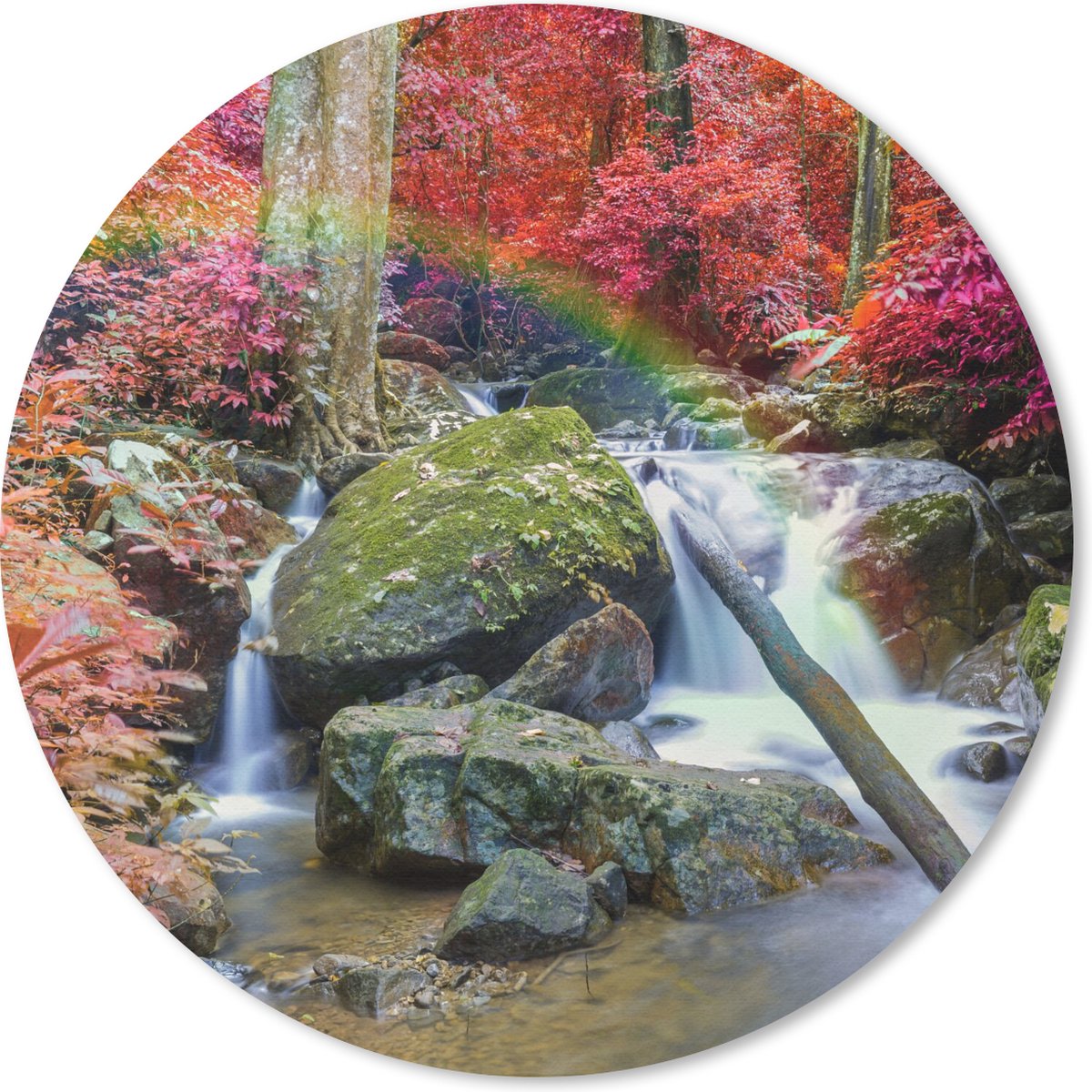 Muismat rond 30x30 cm - Mousepad Regenboog - Waterval - Bomen - Stenen - Mos - Ronde muismatten