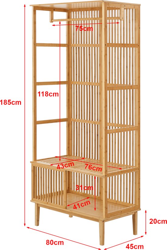Bamboe kledingkast met afmetingen: 185 cm hoog, 80 cm breed, 45 cm diep.
