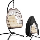 Swoods Egg Hangstoel – Hangstoel met standaard – Voor Binnen en Buiten – Incl. Kussens & Beschermhoes – Egg Chair – Cocoon – Ei Stoel – tot 150kg – Bruin/Beige