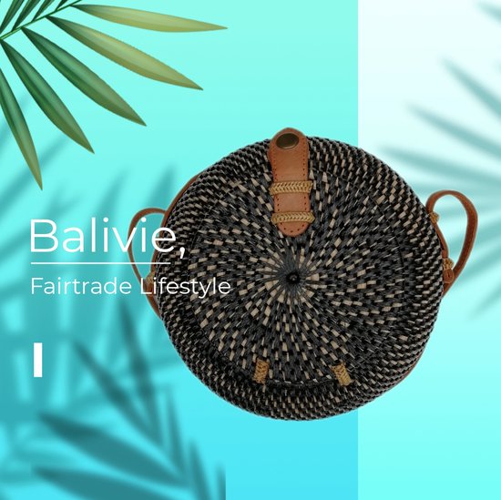 Balivie - Tas - Schoudertas - Dames Crossbody - Rattan - Model Mandje - Diameter 20 cm - Leren hengsel - Batik voering