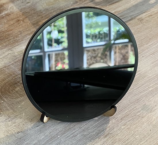 ‘black mirror’ 10cm - zwarte spiegel 10 cm - met houten standaard